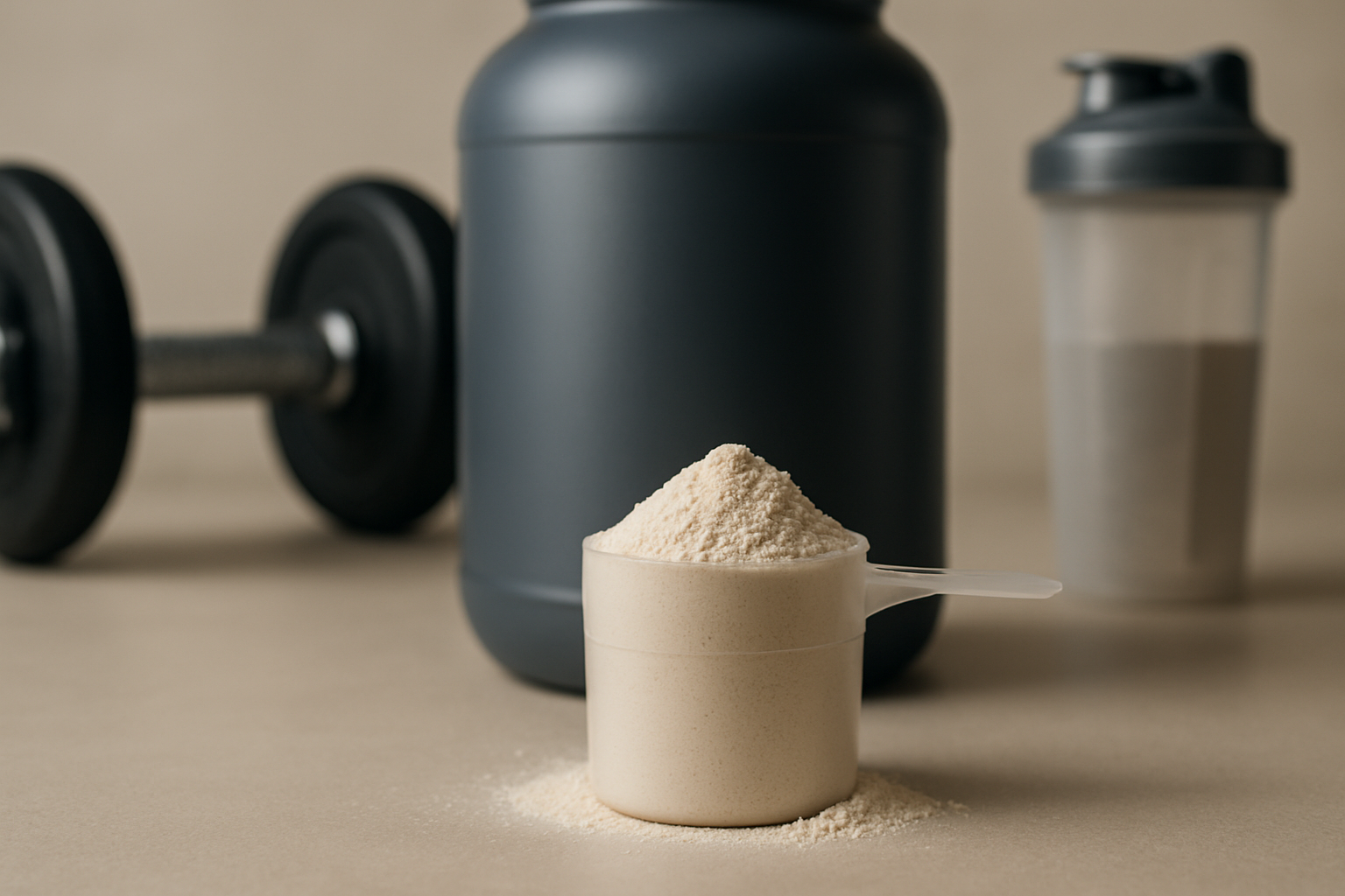 Casein Protein Pulver und Glas Milch auf Nachttisch mit Wecker