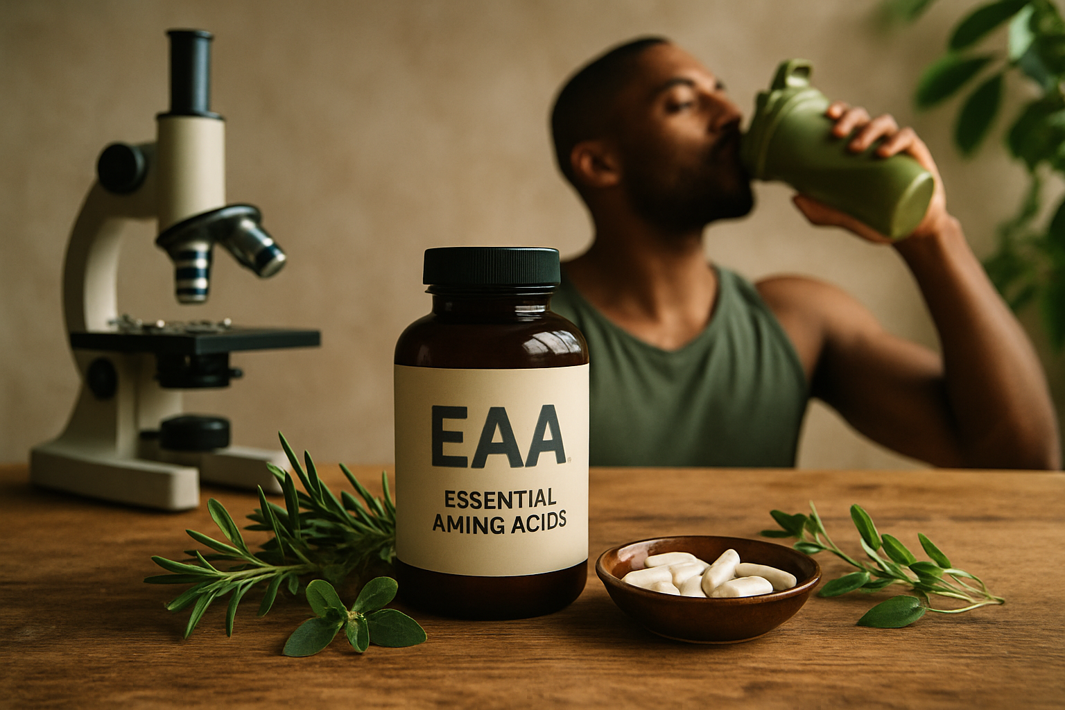 EAA Aminosäuren Pulver mit Tabletten und chemischer Strukturformel im Hintergrund