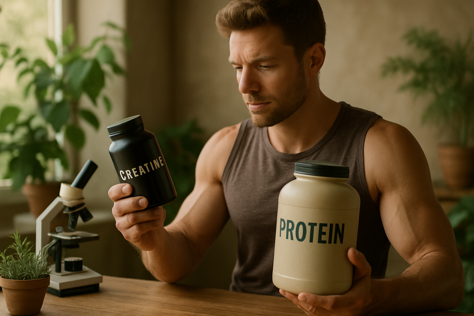 Kreatin Pulver und Proteinpulver nebeneinander mit Shaker symbolisiert optimale Kombination