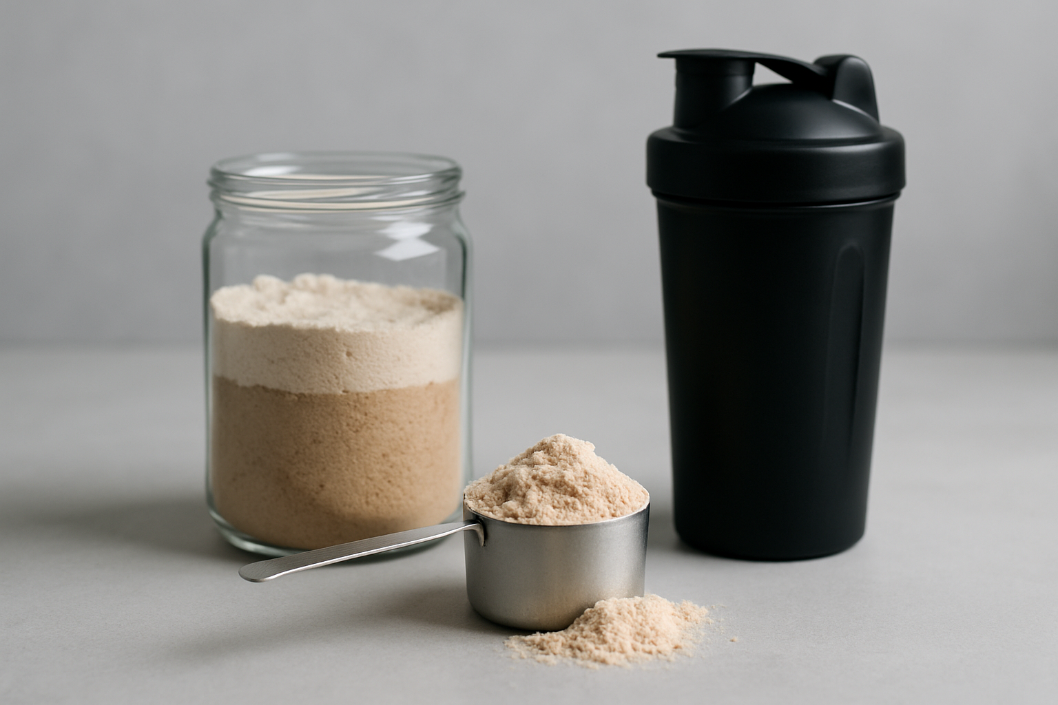 Verschiedene Proteinpulver gemischt in einem Shaker symbolisiert Mehrkomponenten Protein