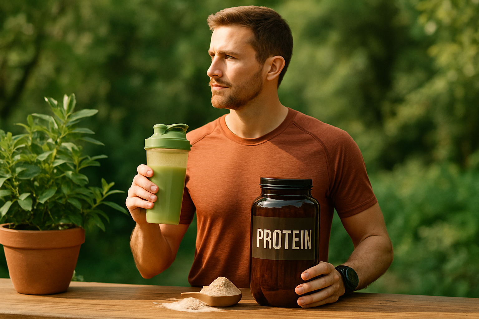 Läufer beim Training mit Protein-Shake nach dem Lauf zur optimalen Regeneration