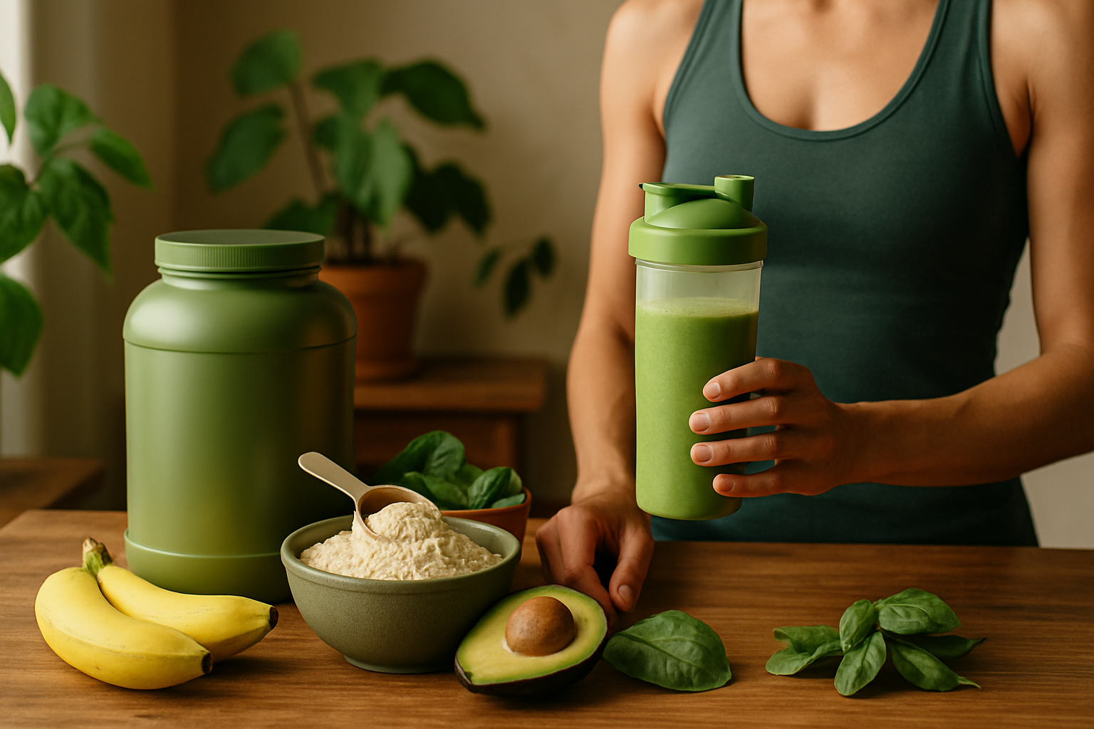 Verschiedene bunte Protein Shakes in Gläsern mit frischen Früchten und Nüssen