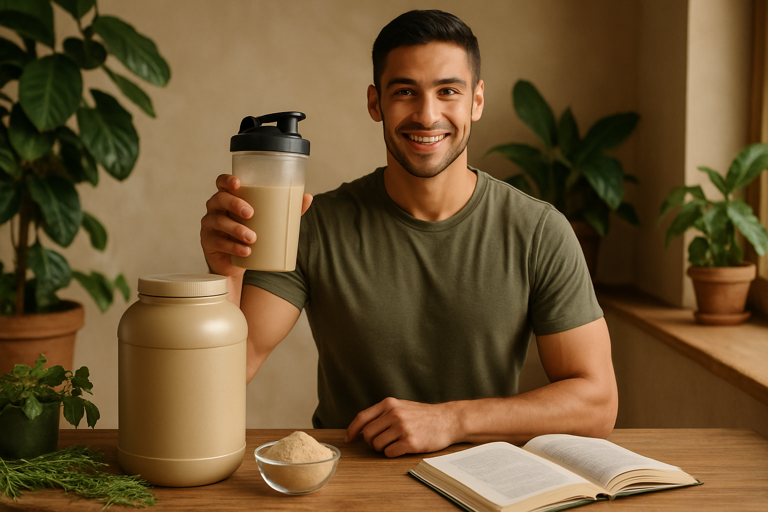 Fitness-Anfänger mit Proteinshaker und Hantel im Fitnessstudio