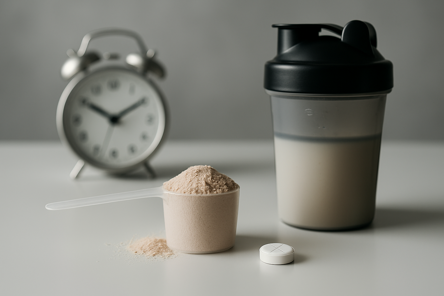 Protein Shake mit Uhr und Trainingsequipment symbolisiert optimales Timing