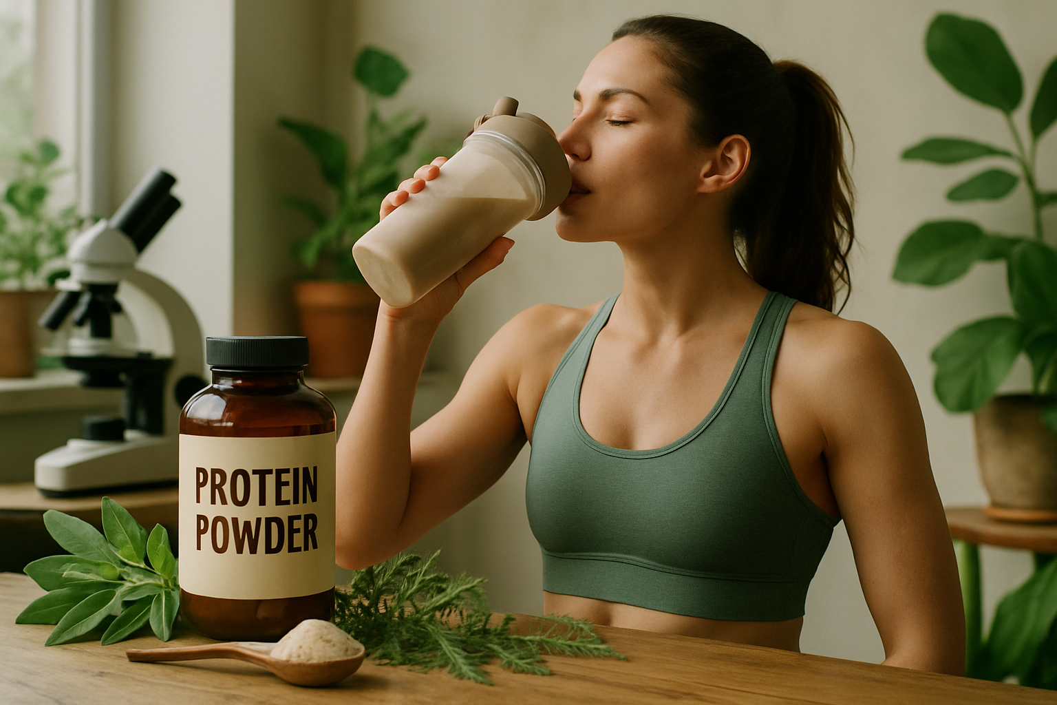 Sportliche Frau mit Protein-Shaker nach dem Training im Fitnessstudio