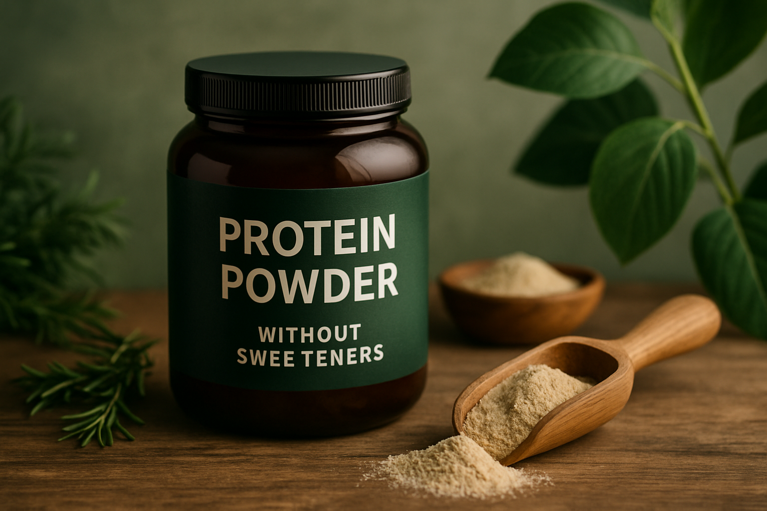 Natürliches Proteinpulver ohne Süßstoffe neben frischen Früchten und Nüssen