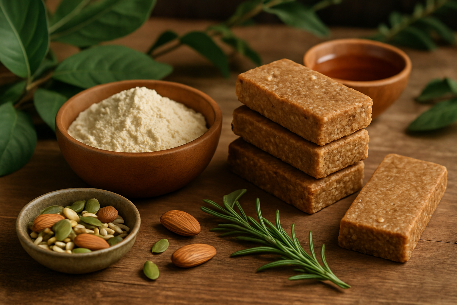 Verschiedene Proteinriegel auf Holztisch neben Trainingsutensilien und frischen Früchten