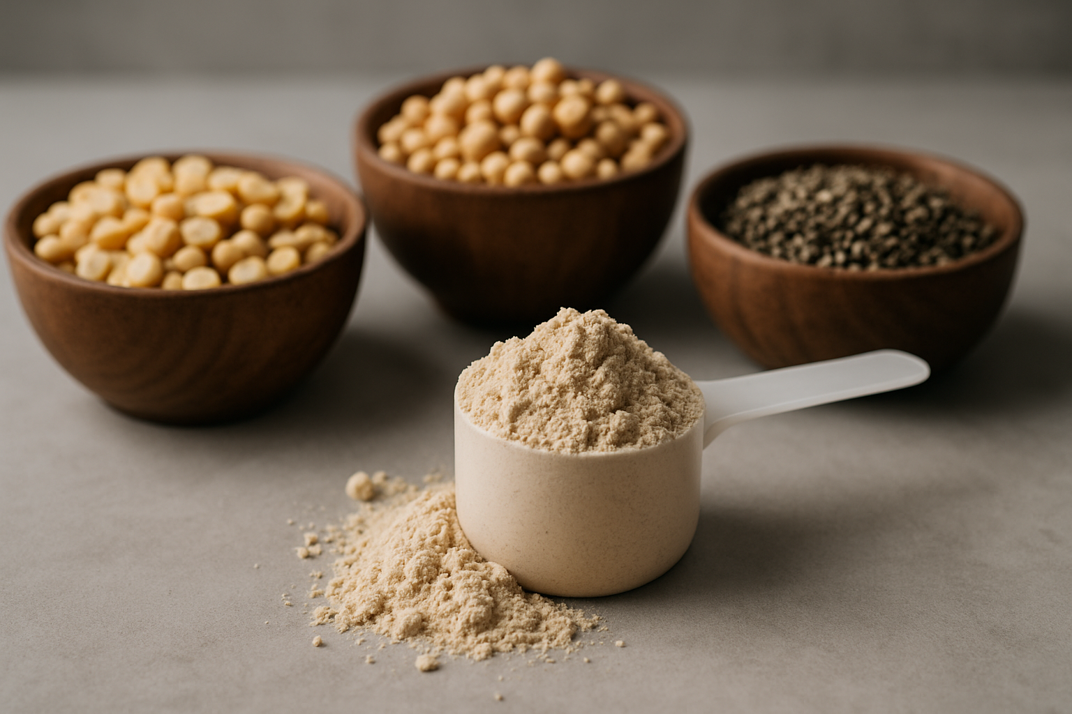 Verschiedene vegane Proteinpulver aus Erbsen, Reis und Hanf neben frischem Gemüse