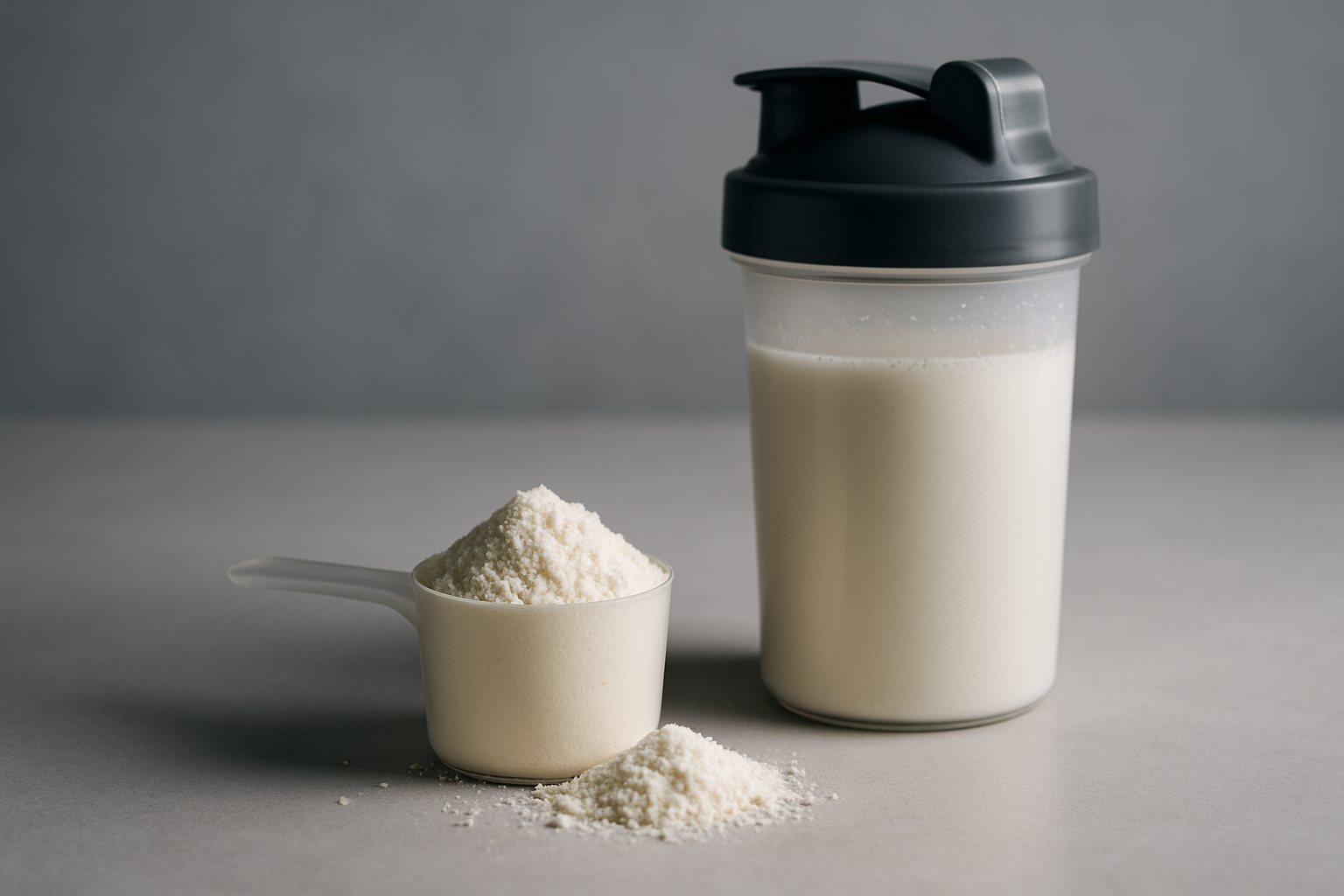 Whey Protein Pulver und Shaker auf Trainingsbank im Fitnessstudio